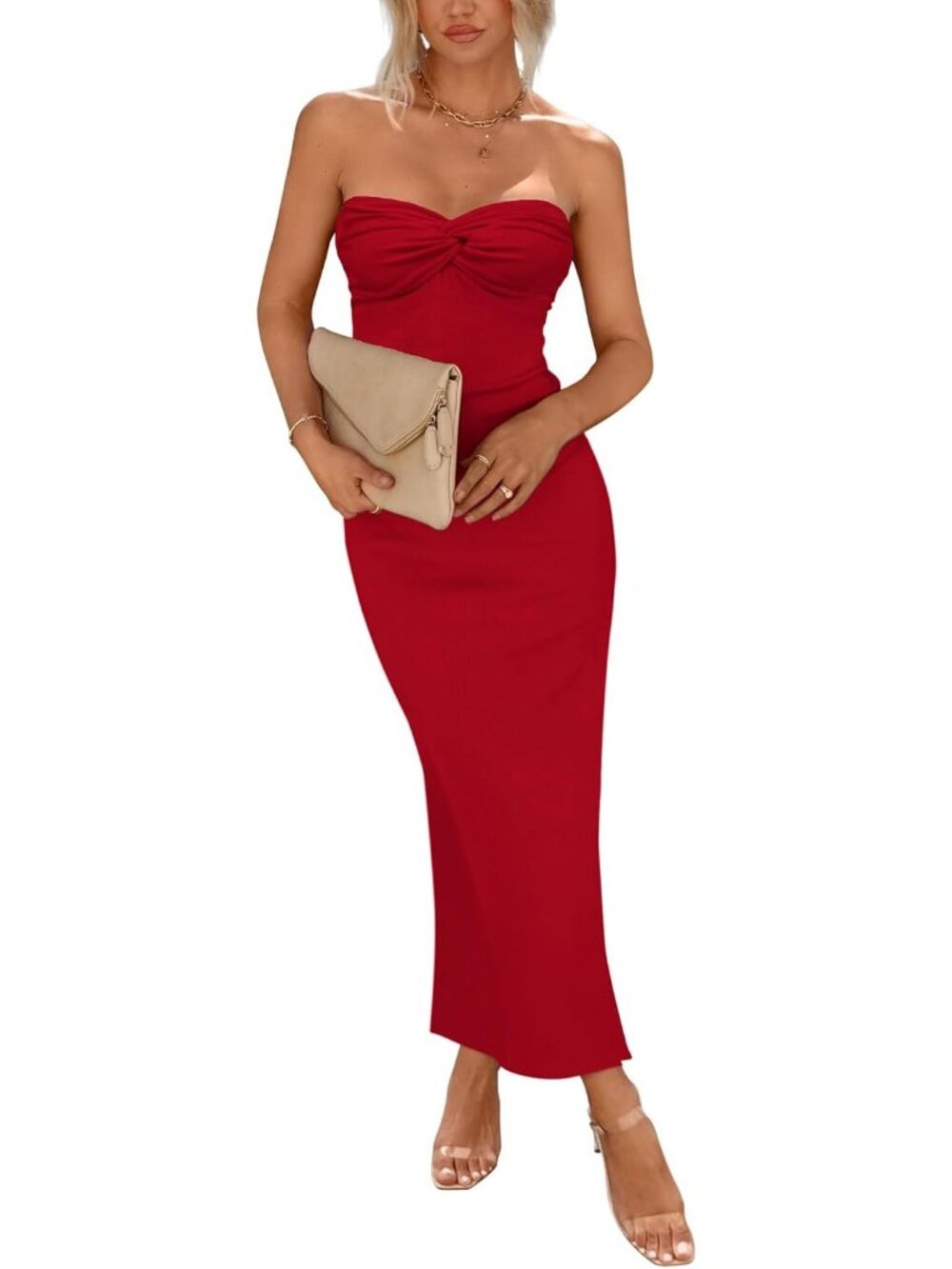 Women Red Strapless Tube Twist Front Ribbed Bodycon Cocktail Party Maxi Dress